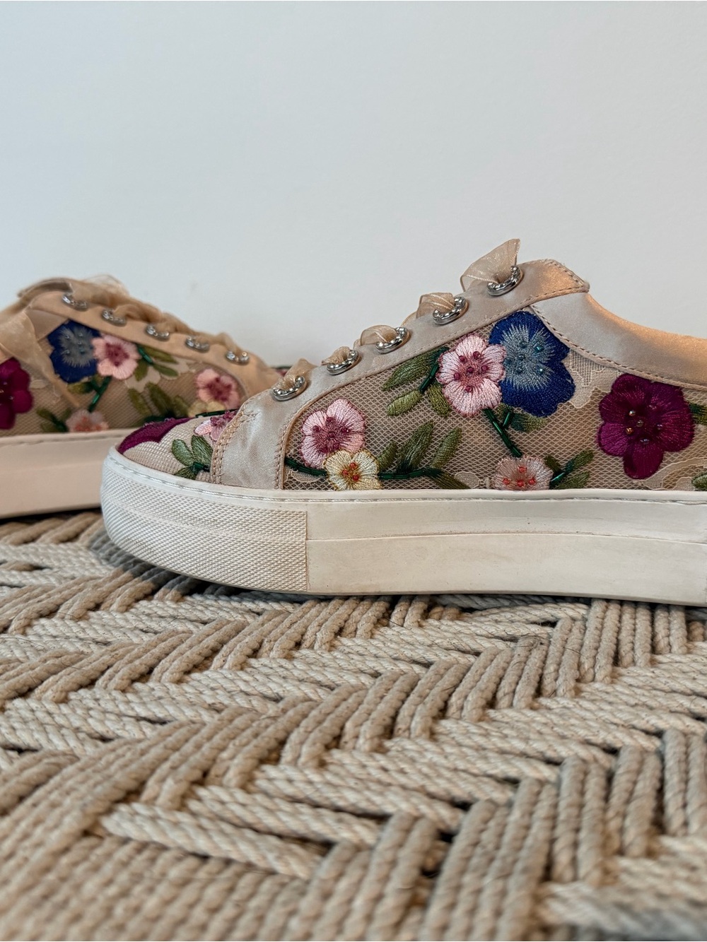 Betsey Johnson Beige Sneakers with Purple & Pink Floral Embroidery - Picture 2 of 5